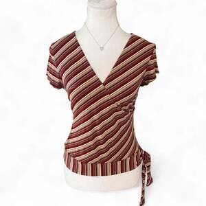 Y2K Self Esteem red, beige, and brown diagonal striped wrap top tie size large
